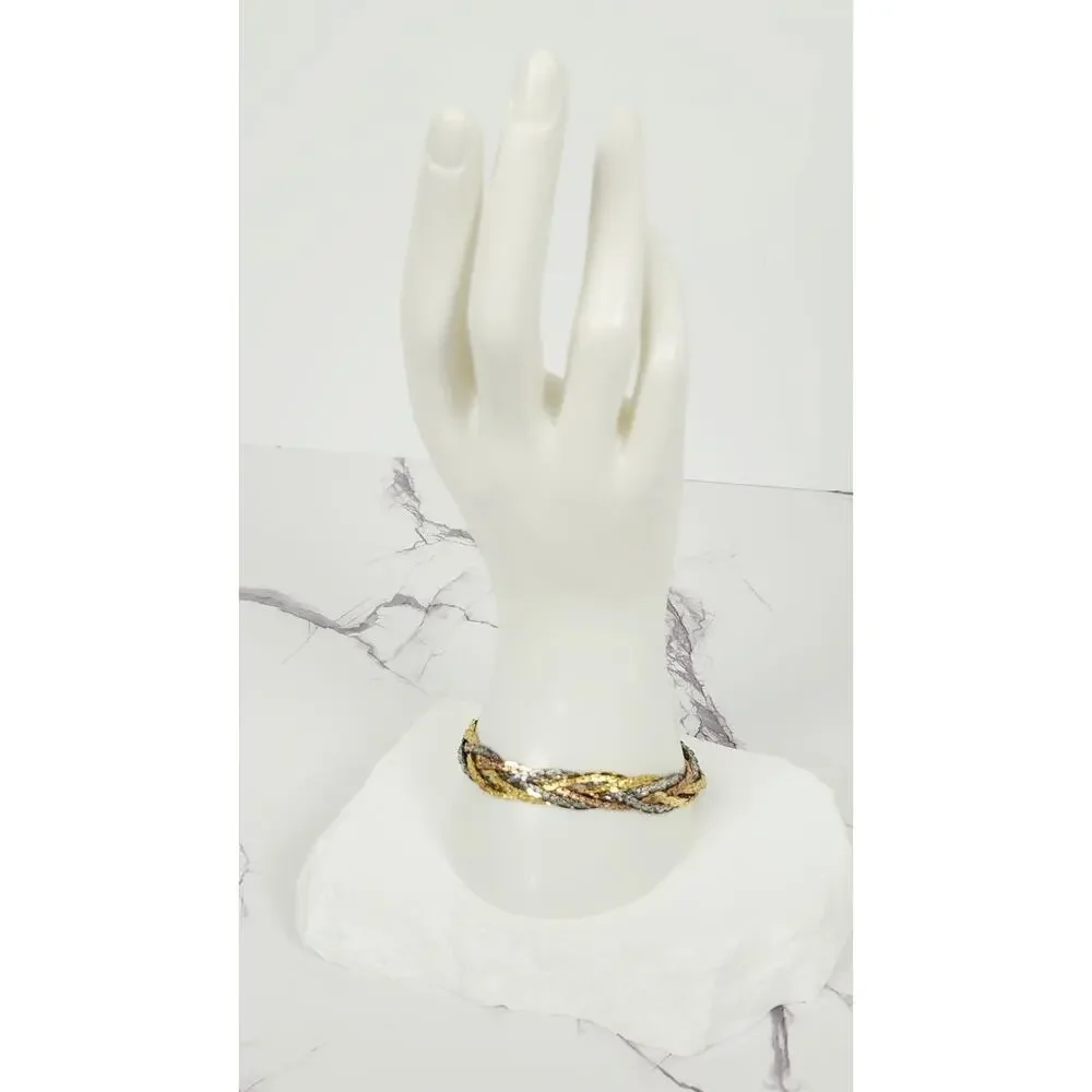 Vintage Tri-Color Braided Herringbone Chain Bracelet Gold Silver Rose 7.5